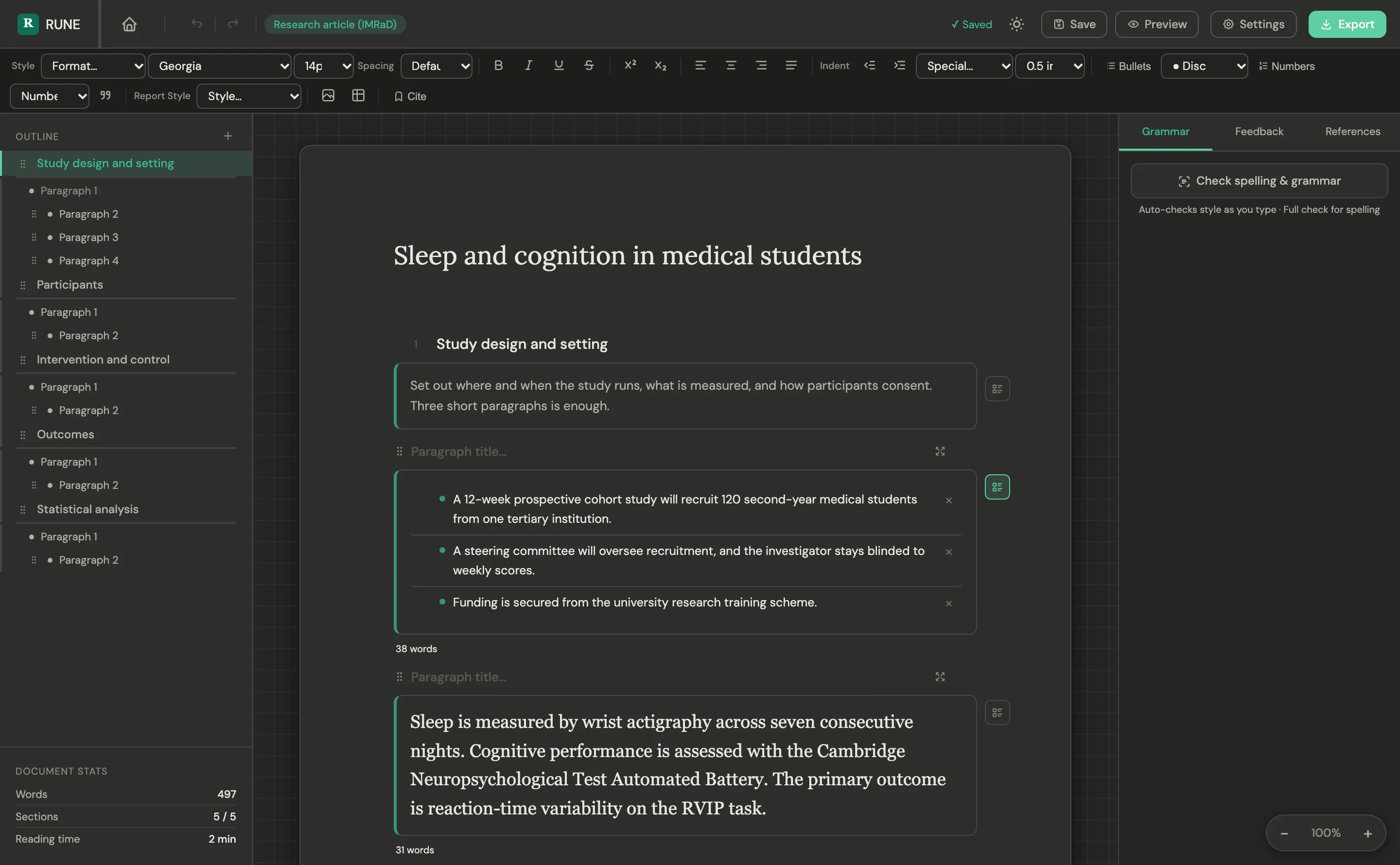 Editor in dark theme: the same section with one paragraph expanded into draggable sentences