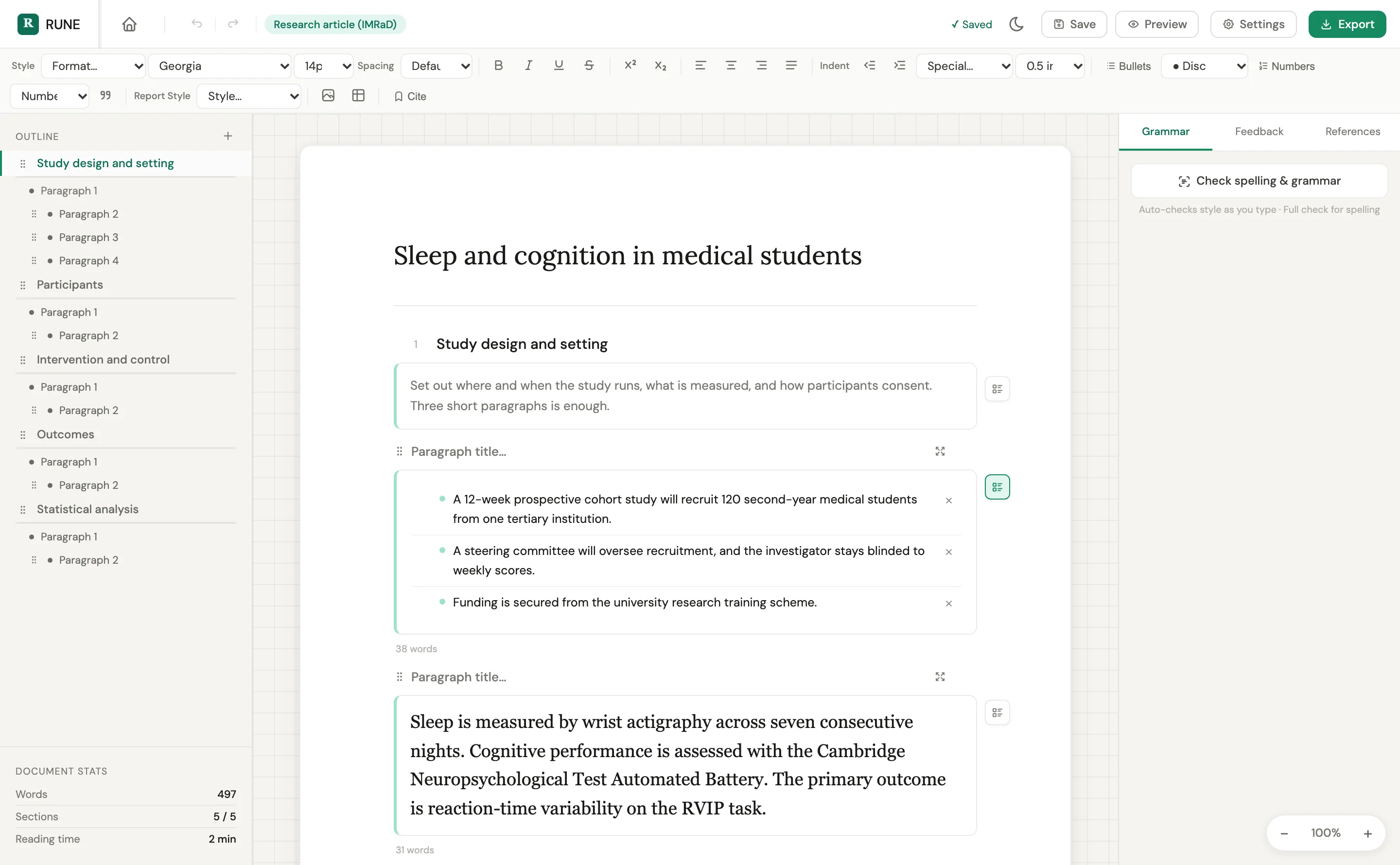 Editor: the Study design and setting section of “Sleep and cognition in medical students”, with one paragraph expanded into draggable sentences