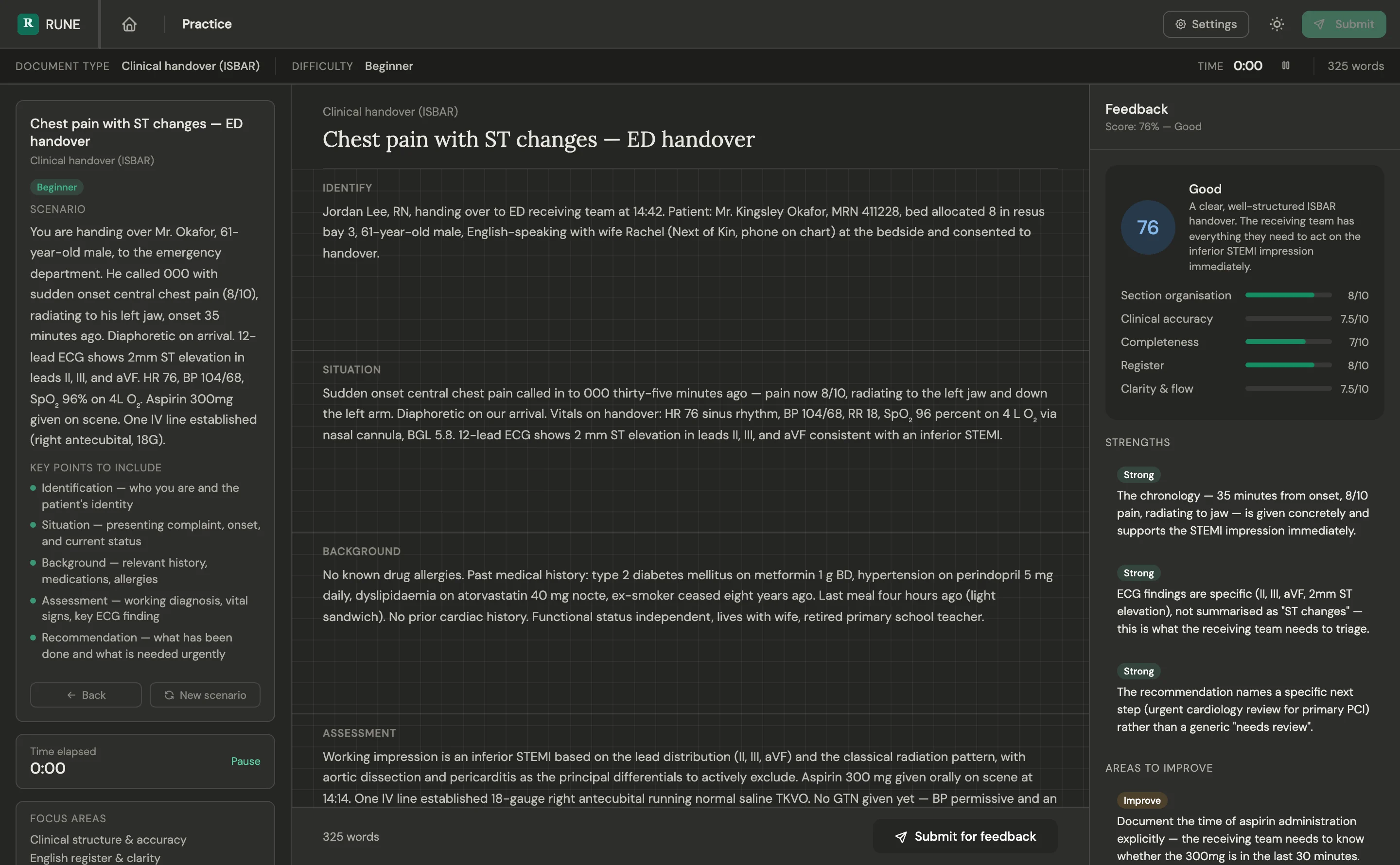 Feedback in dark theme: the same score of 76 (Good), rubric, strengths and areas to improve