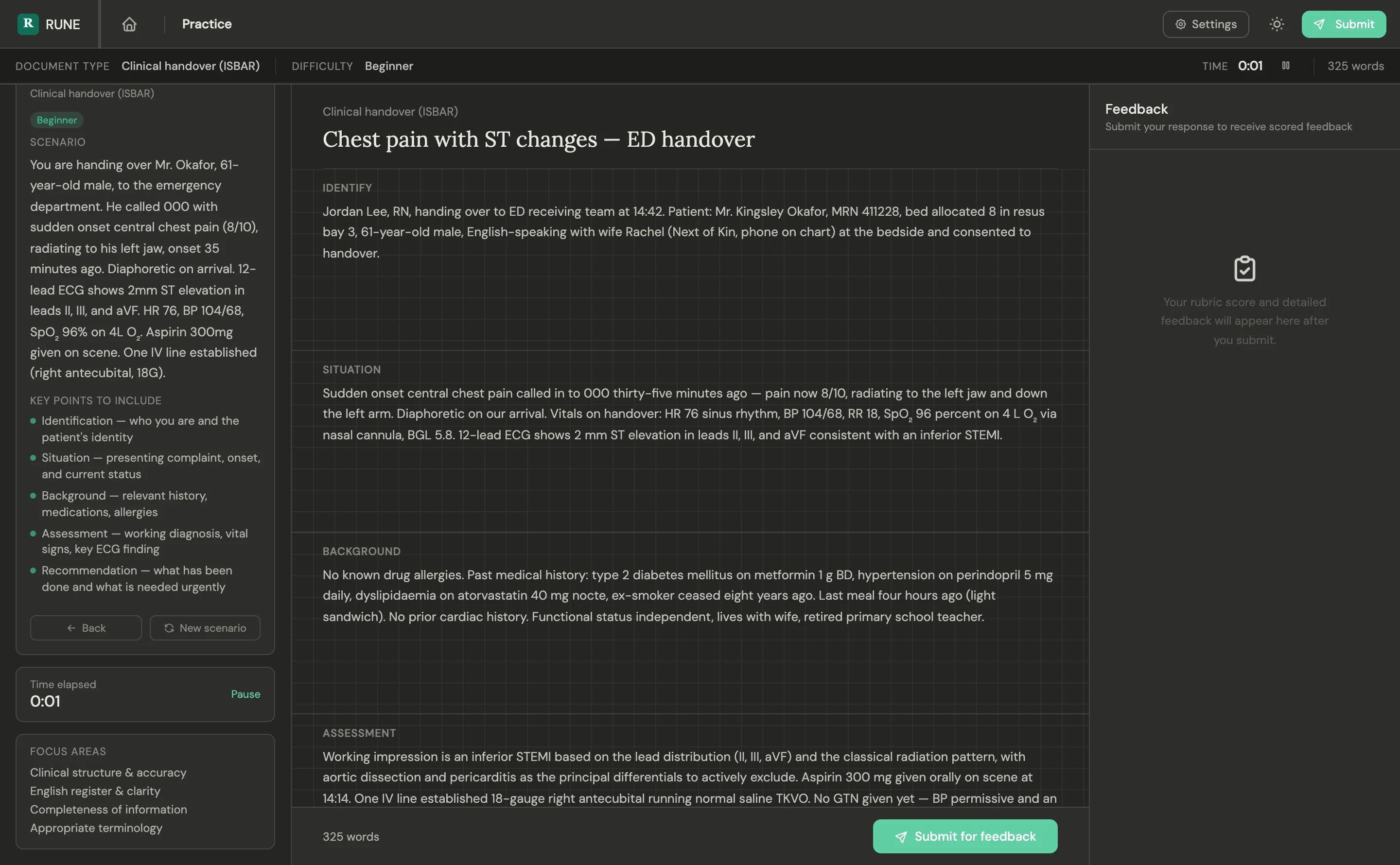 Practice mode in dark theme: the same chest-pain scenario and written ISBAR handover