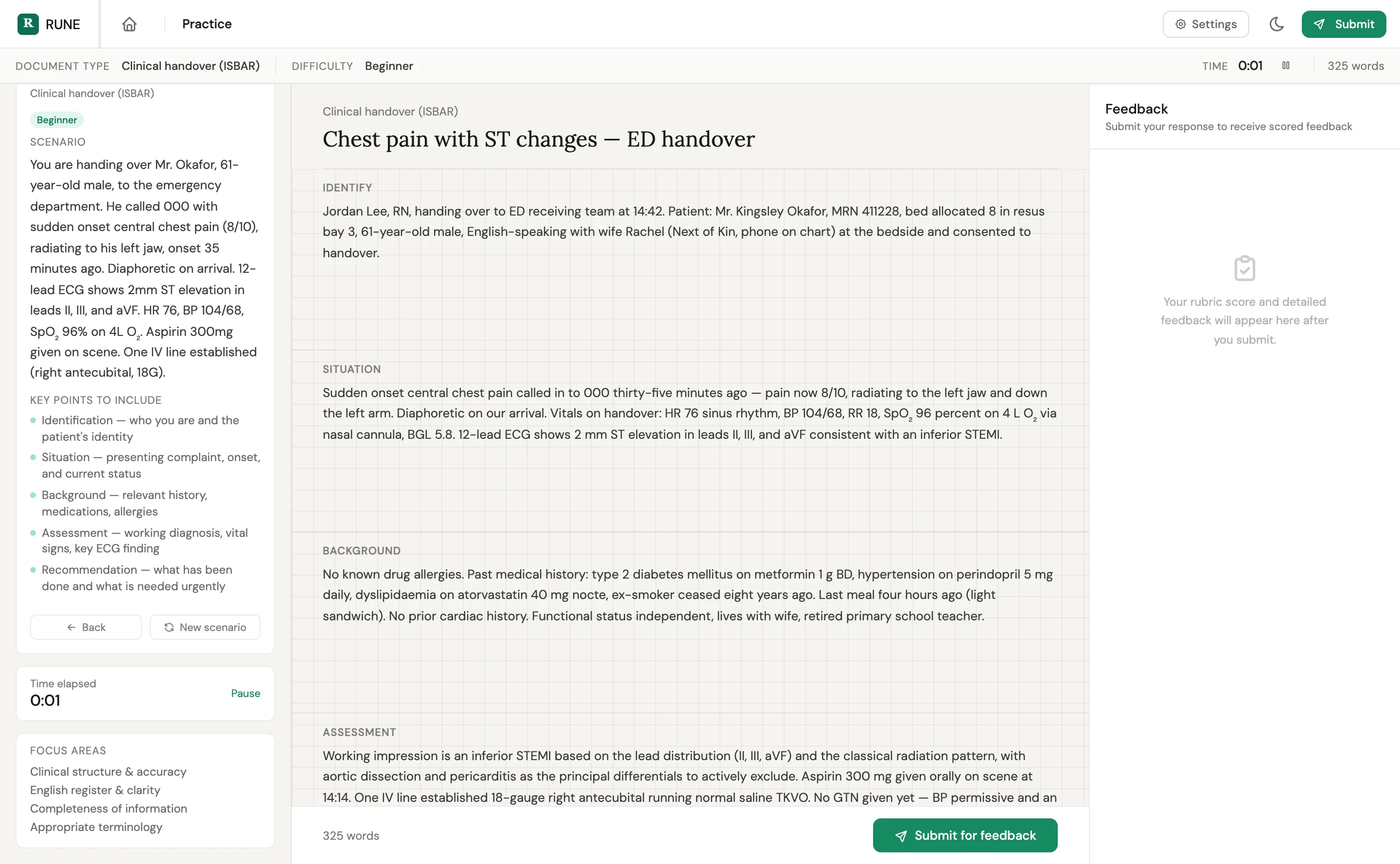 Practice mode: the scenario “Chest pain with ST changes — ED handover”, with the brief and key points on the left and a written ISBAR handover in the response area