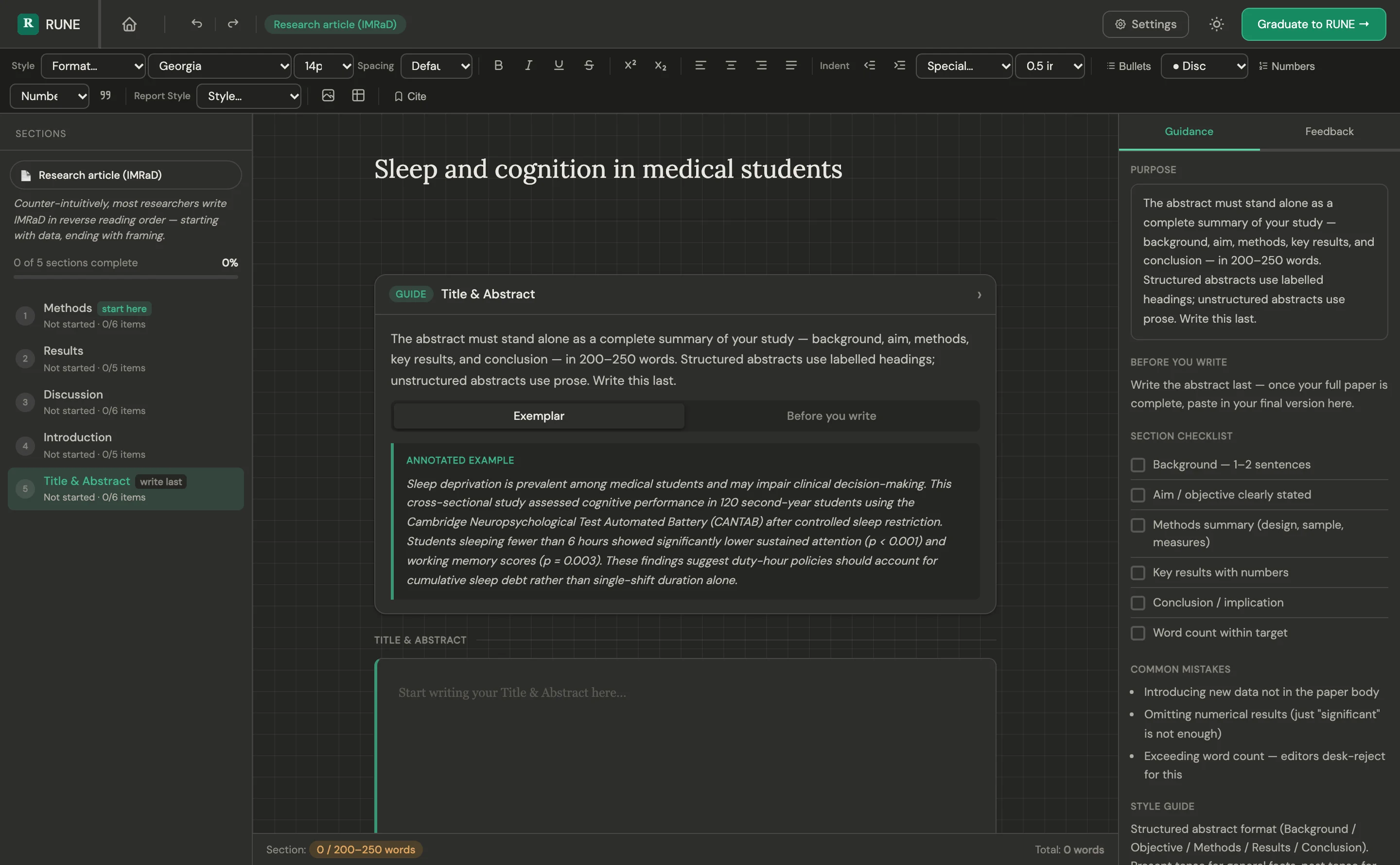 Tutorial mode in dark theme: the Title & Abstract guide, exemplar and checklist beside the writing area