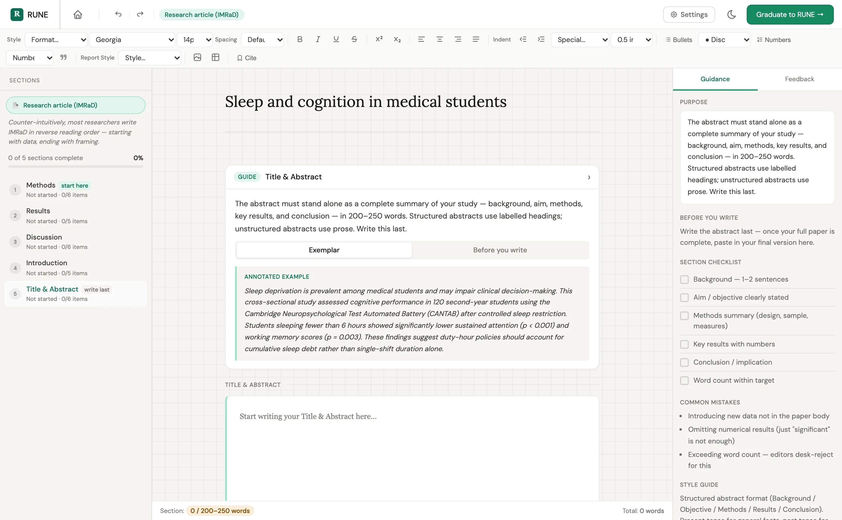 Tutorial mode: the Title & Abstract guide, annotated exemplar and section checklist beside the writing area